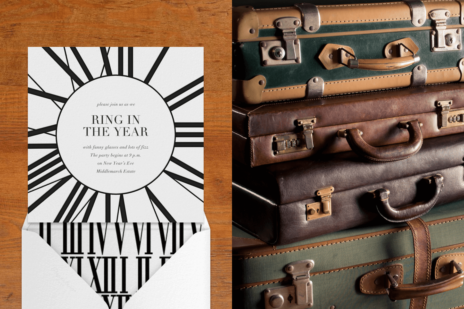 Left: A card with a circle in the center and Roman numerals in a clock formation around it. Right: Vintage leather suitcases stacked.