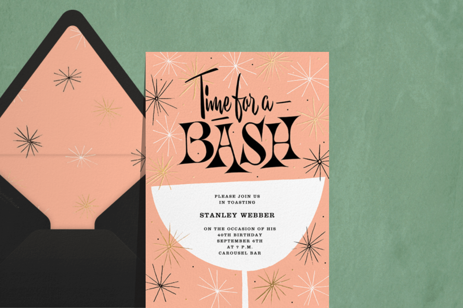An adult birthday invitation featuring a pink midcentury design that reads “time for a bash.”