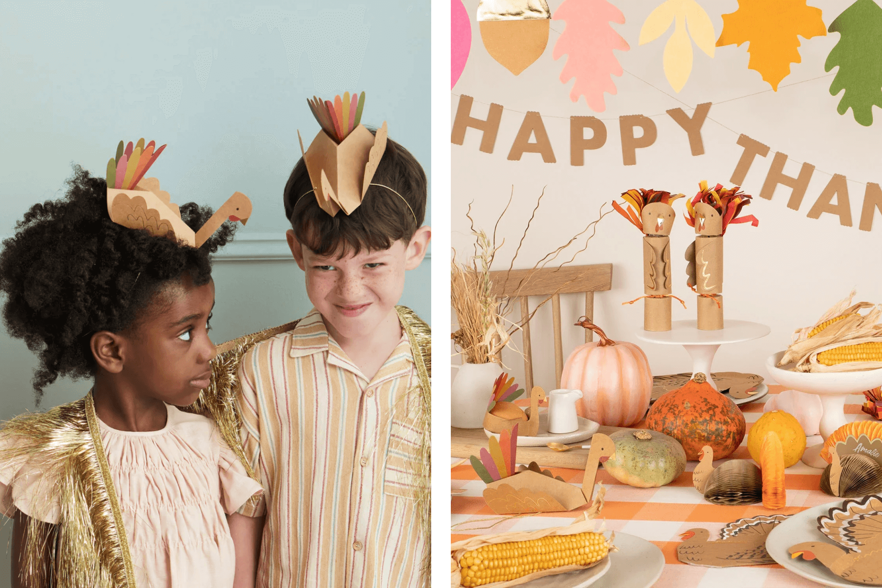 Left: A girl and boy wear paper turkey-shaped hats. Right: A kids’ table with Thanksgiving decorations including gourds and turkey party crackers.