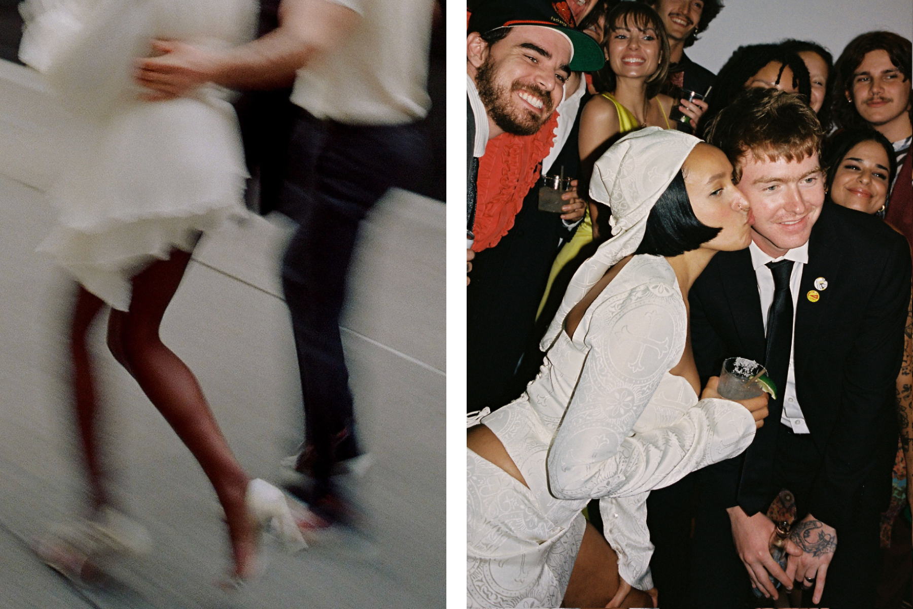 ALT: Left: A blurry photo of the legs of a bride in a short dress and a groom in a suit running. Right: A bride kissing a groom on the cheek while surrounded by a large group of friends. 