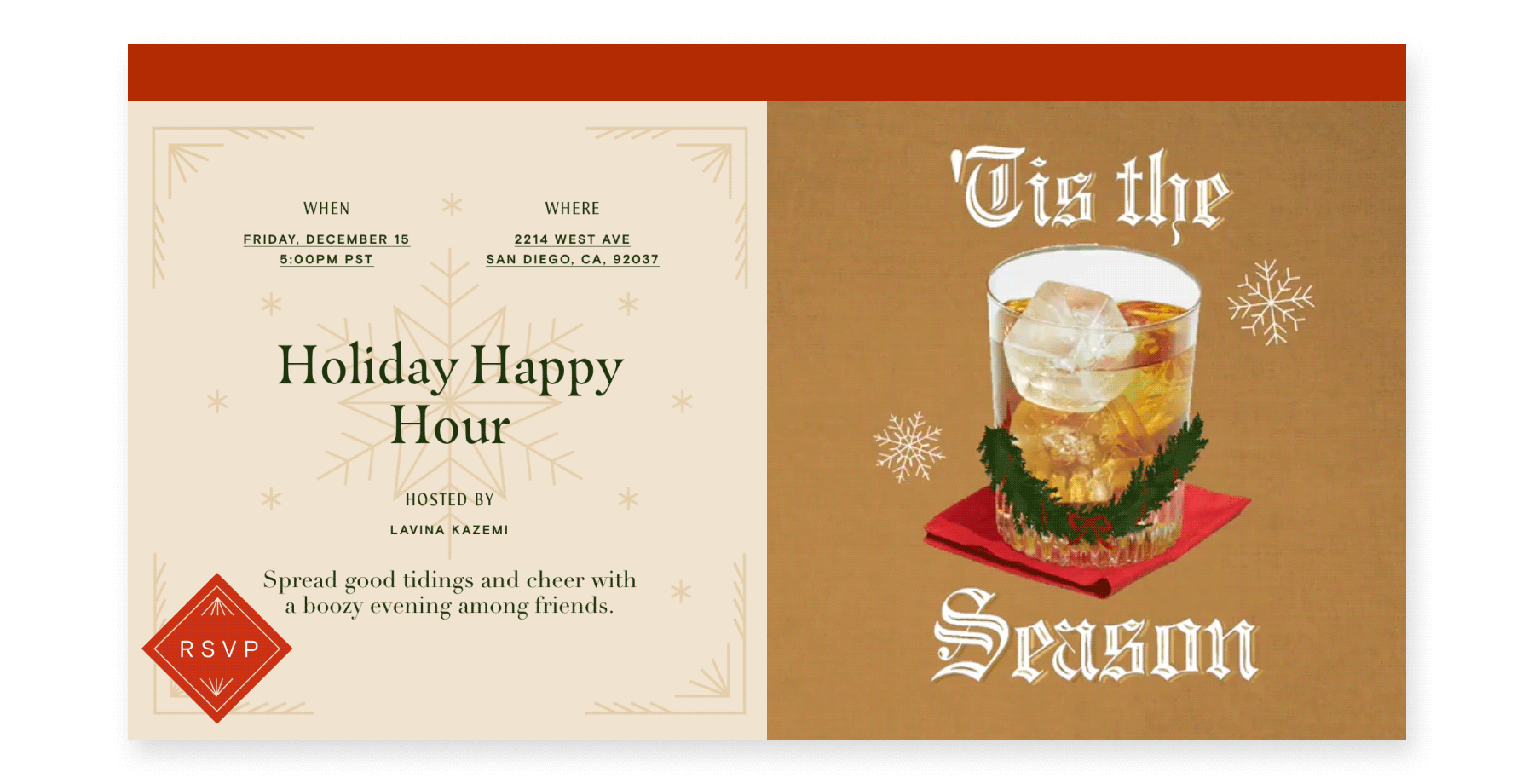 An online invitation says “‘Tis the Season” with a photo of a drink in a rocks glass and animated snowflakes.