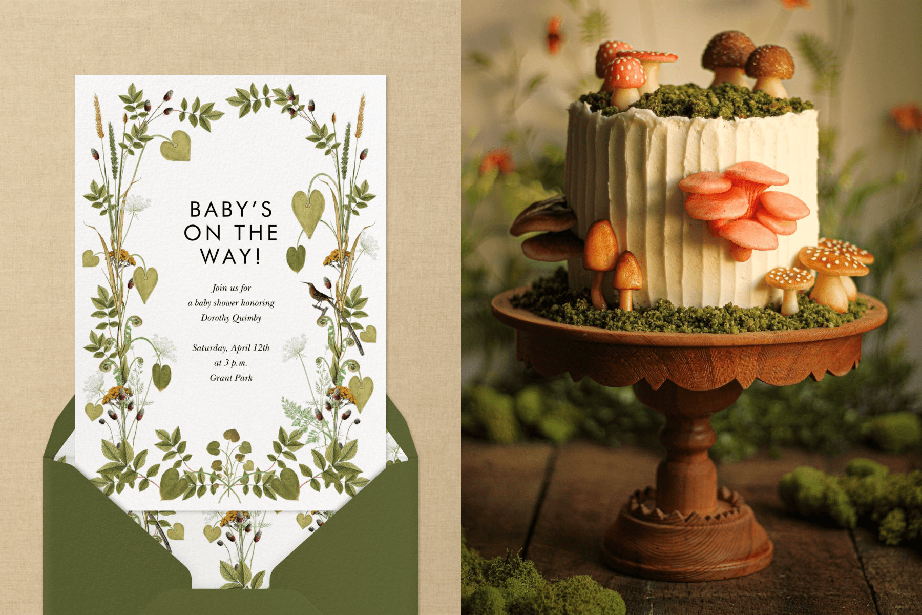 A white invitation reads “Baby’s on the way!” with delicate greenery and a few birds forming a border. Right: A layer cake with “mushrooms” growing off of it on a wooden pedestal stand.