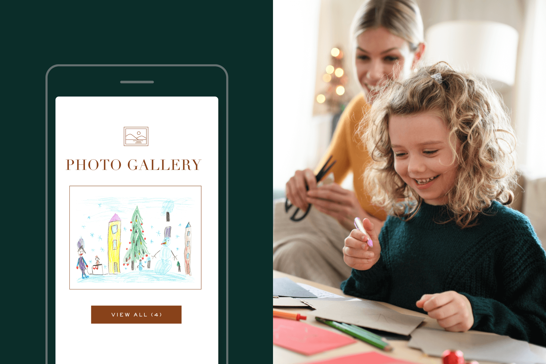 Left: An outline of a smartphone with Paperless Post’s Photo Gallery Block featuring a child’s Christmas drawing. Right: A smiling child holds a pen above colorful pieces of paper with a woman holding scissors behind her.