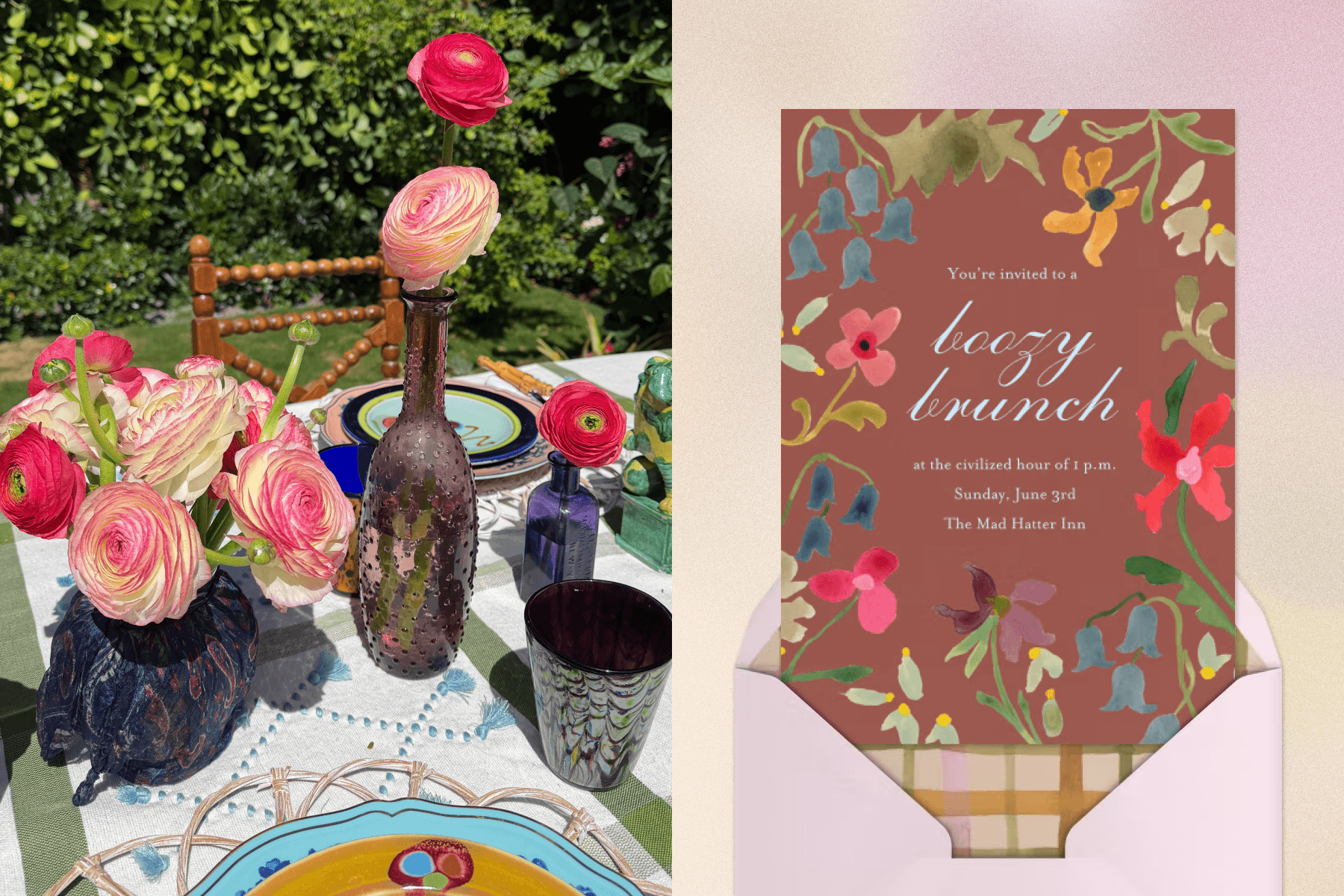 Left: An outdoor table set with colorful plates and vases filled with pink flowers. Right: A brown invitation for a boozy brunch with a colorful, painterly floral border sits above a pale pink envelope over a pink pastel gradient background. 