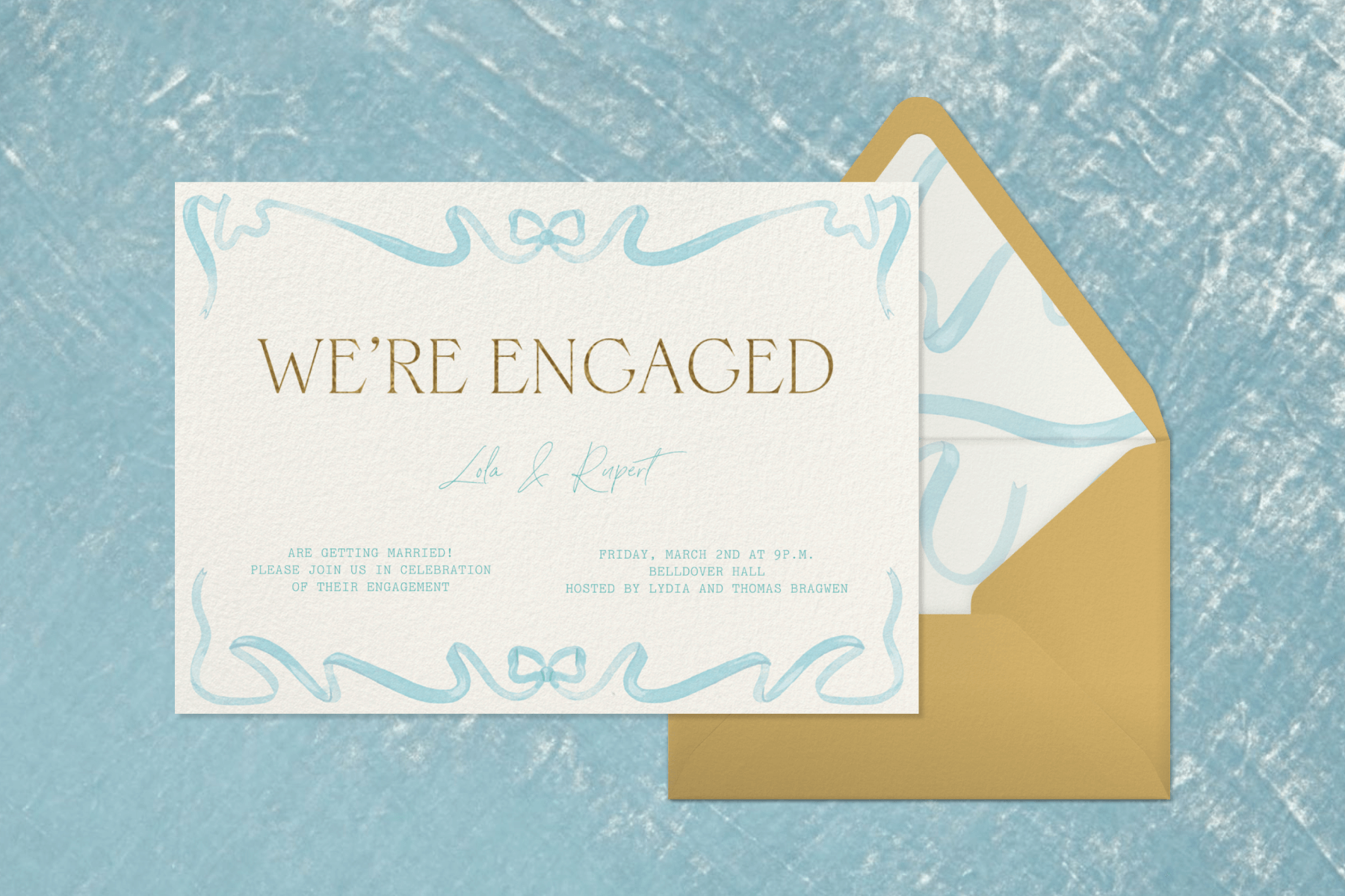 A horizontal engagement party invitation with a delicate blue bow illustration and matching envelope.