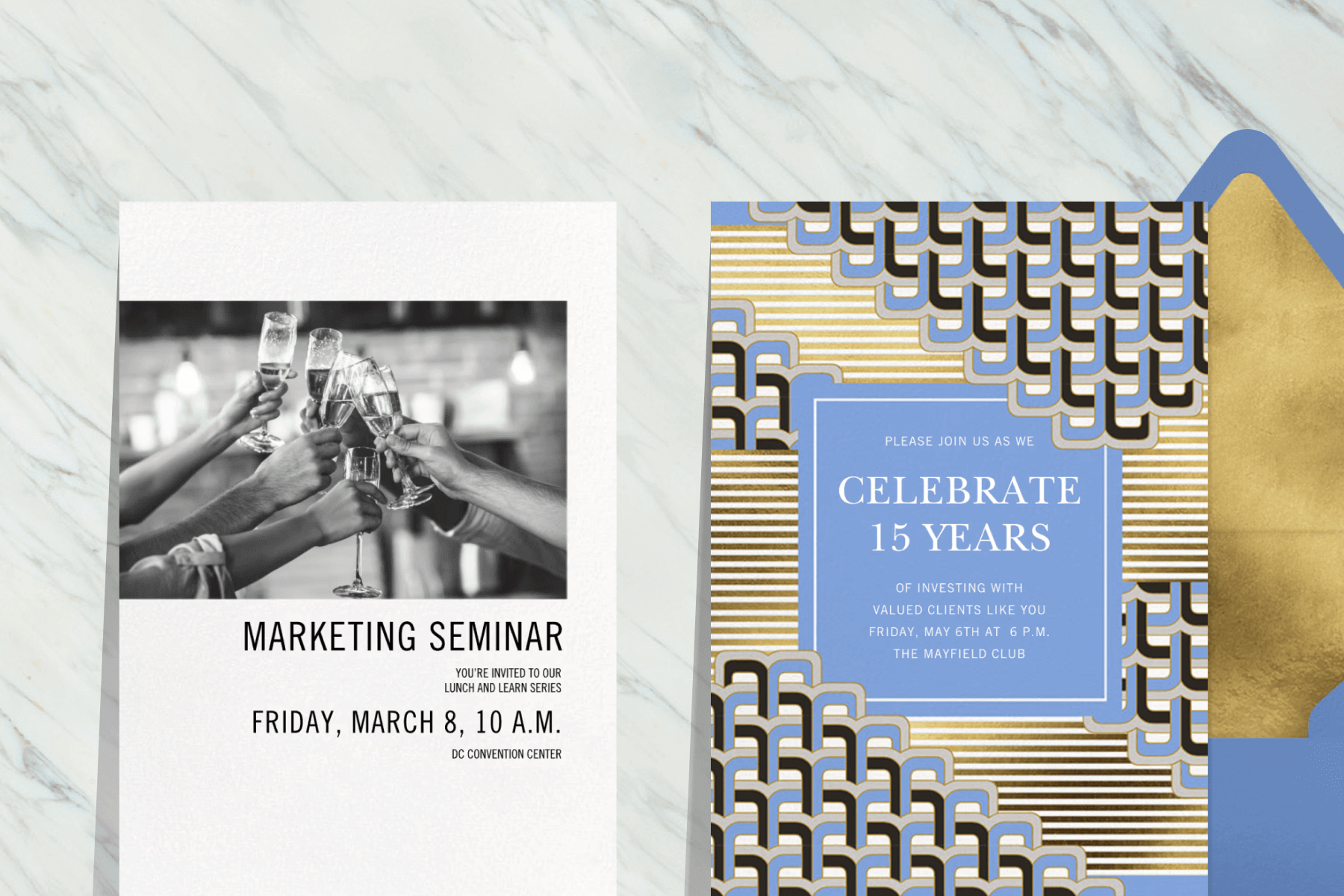 Two event invitations sitting on a white and gray marble background, the first featuring black text reading ‘MARKETING SEMINAR’ with a black and white photo of hands holding Champagne glasses and doing a cheers, the second featuring a gold, white, black, and blue geometric design with text that reads ‘CELEBRATE 15 YEARS’ paired with a blue envelope and gold envelope liner.