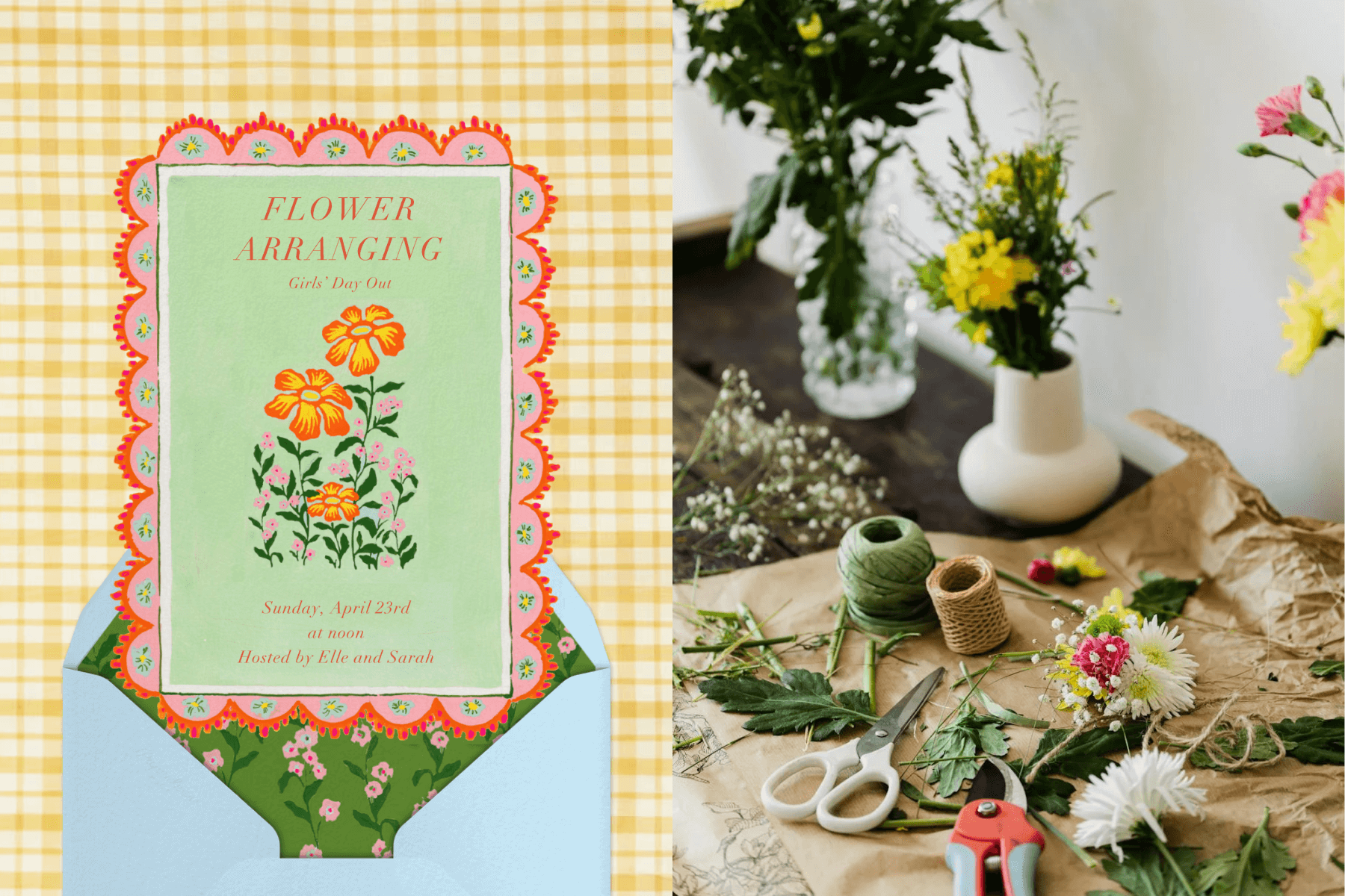 Floral card in a blue envelope on a checkered yellow backdrop; a table full of loose flowers and a vase with a yellow flower in it