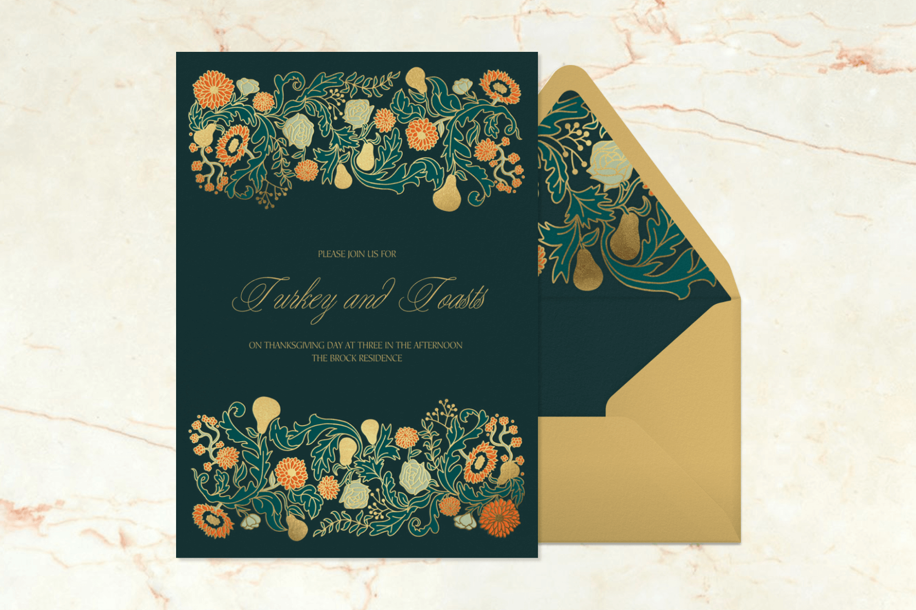 Dark teal Thanksgiving invitation with an orange, yellow, and blue floral pattern that reads, "Please join us for Turkey and Toasts on Thanksgiving day at three in the afternoon."