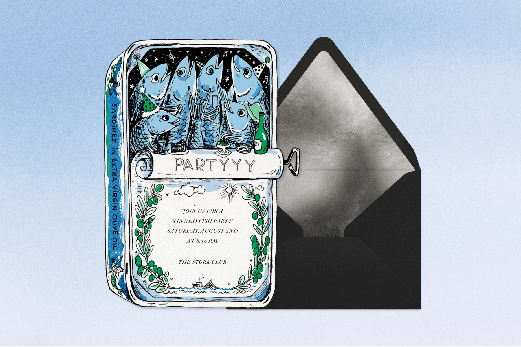 A blue-and-green tinned fish-shaped party invitation sits to the left of a black envelope with a silver interior against a textured blue gradient backdrop.