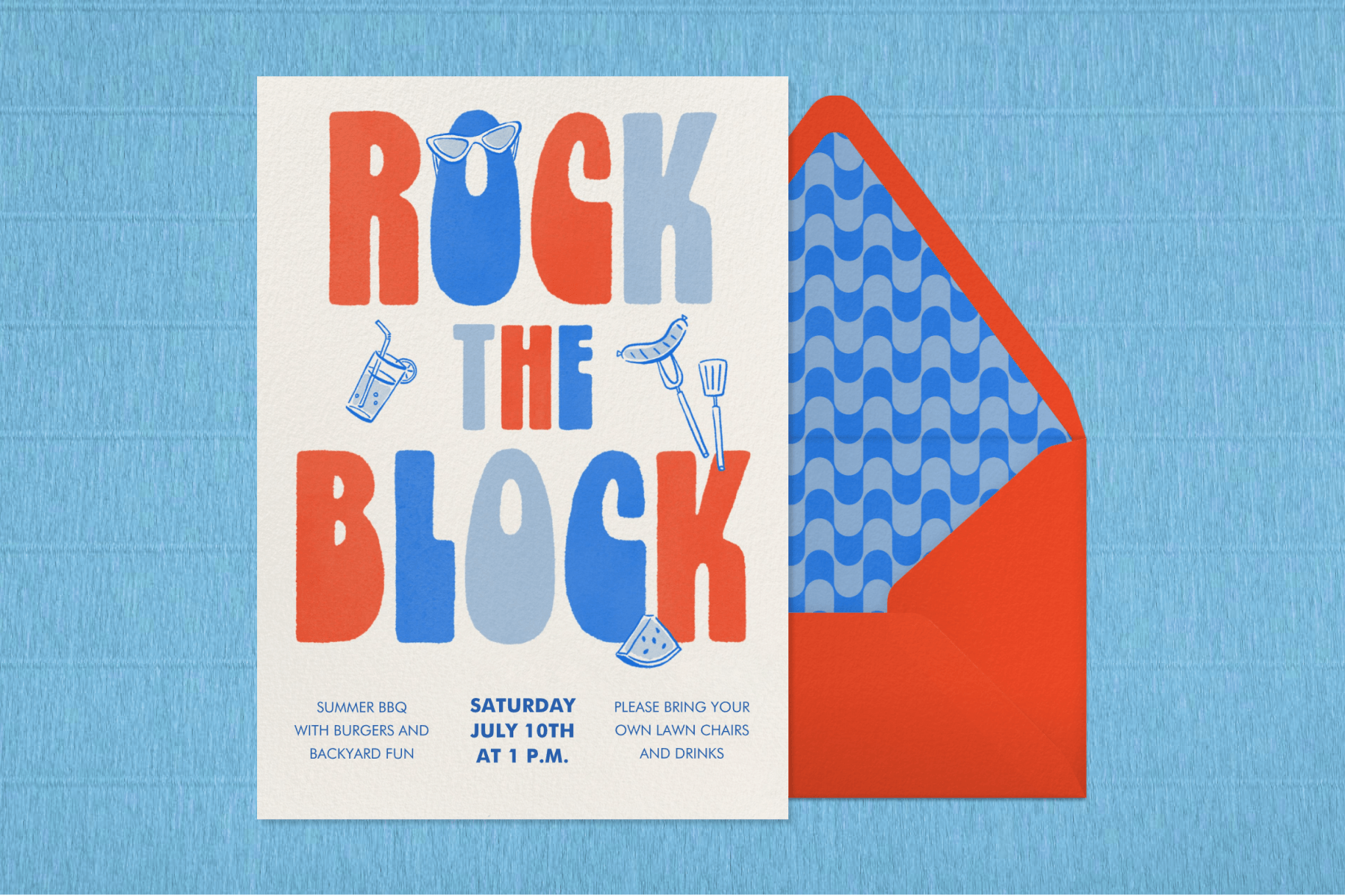 A 4th of July invitation with “rock the block” as the main copy in retro lettering sits atop a red invitation with a monochromatic wavy blue interior against a textured blue backdrop.