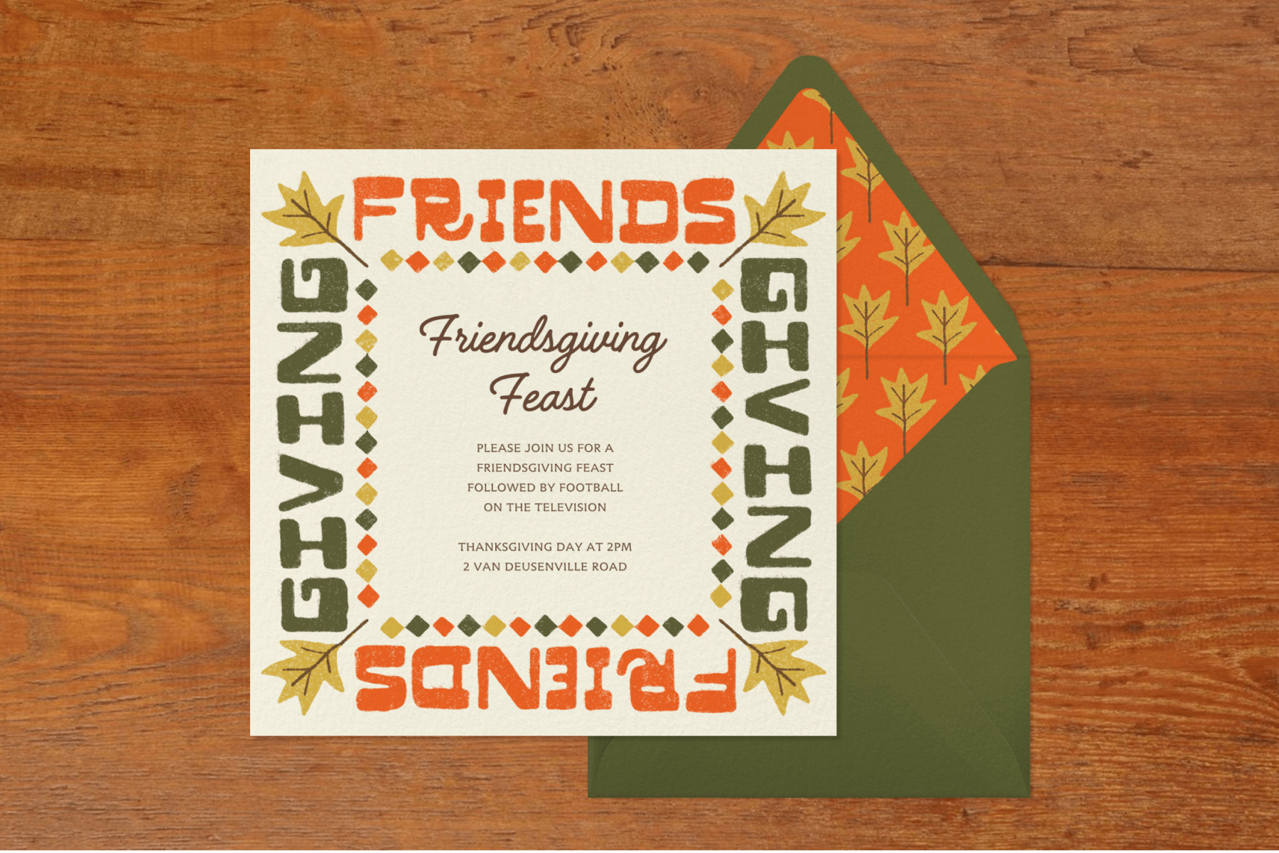 Green, orange, and yellow Friendsgiving invitation that says, "Friendsgiving Feast."
