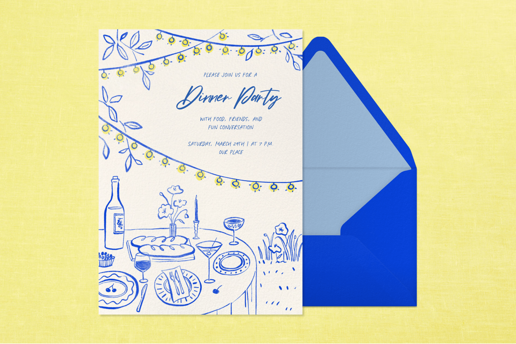 An ivory dinner invitation with blue and yellow dinner party illustrations sits to the left of a royal blue envelope with a light, muted blue interior against a textured light yellow backdrop.