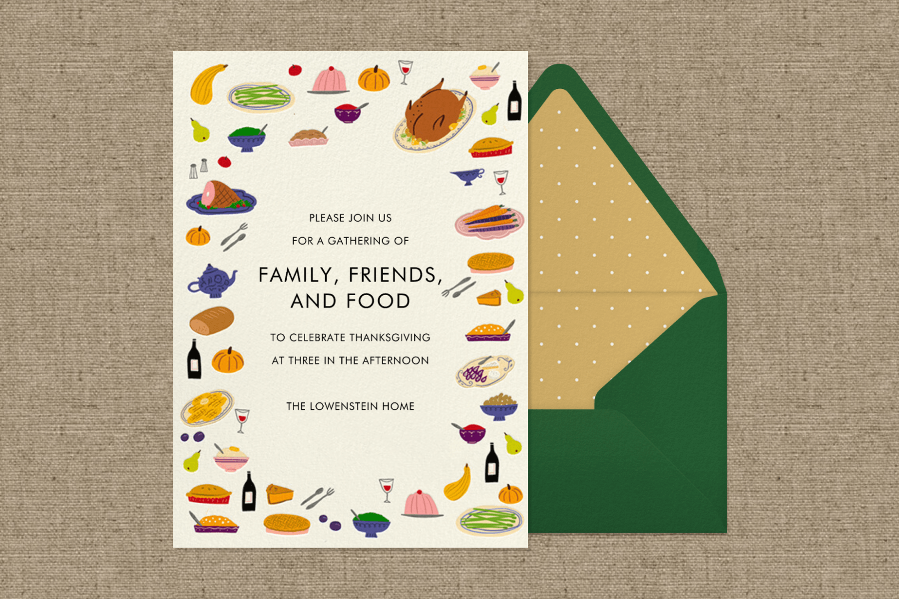 Colorful Thanksgiving invitation with food surrounding the border and says, "Please join us for a gathering of family, friends, and food to celebrate Thanksgiving at three in the afternoon."