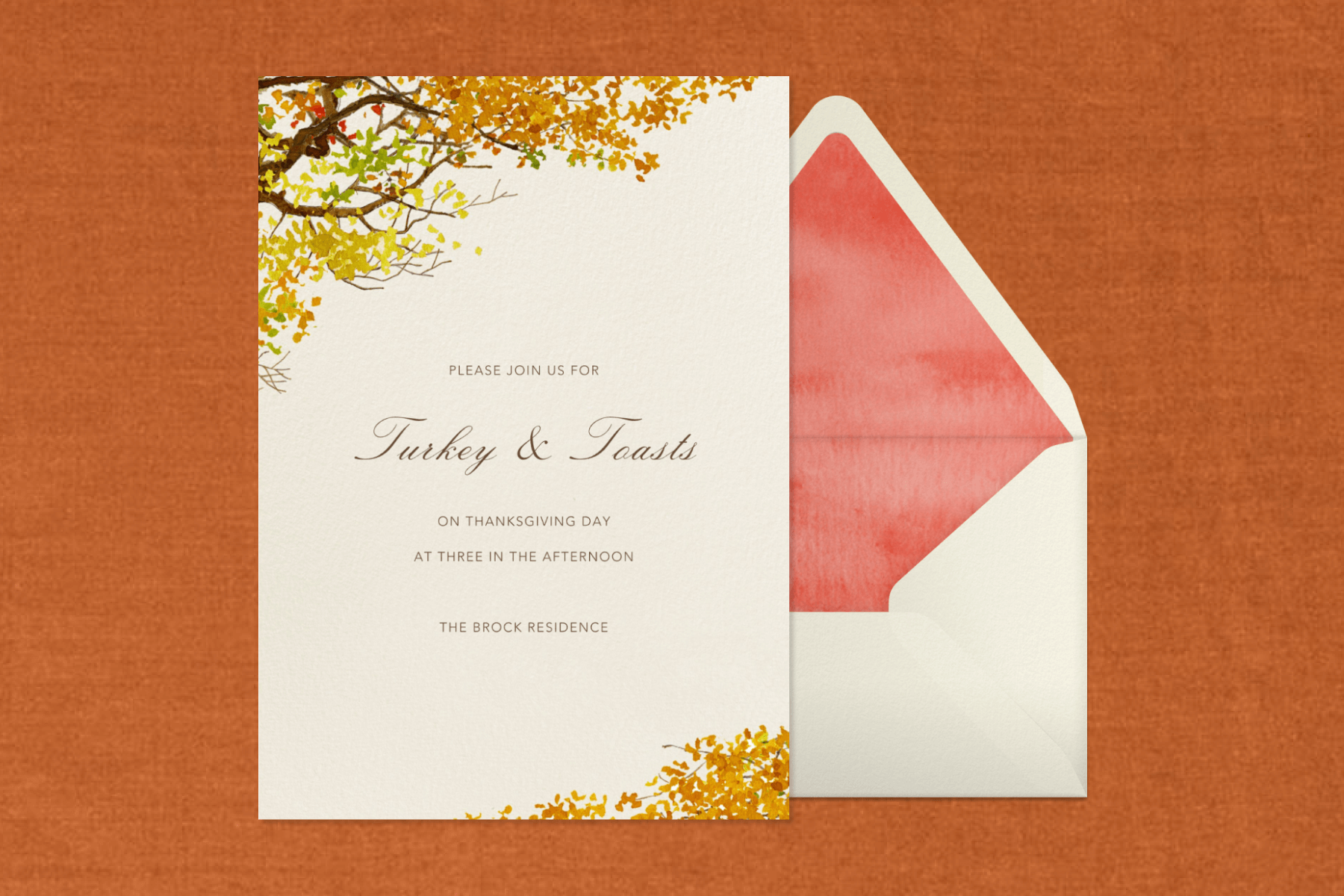 A simple Thanksgiving invitation with branches of an orange fall tree that says, "Please join us for turkey and toasts on Thanksgiving day at three in the afternoon."