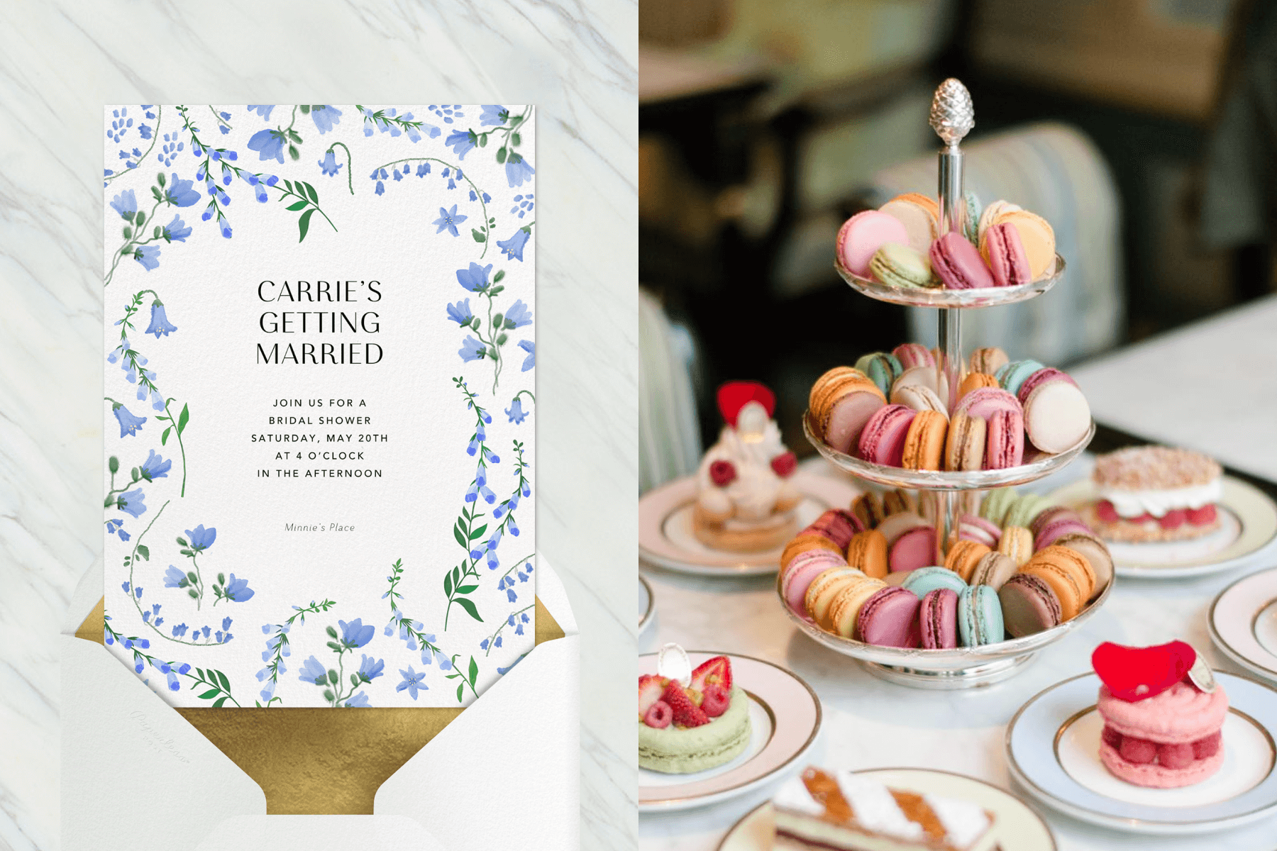 left: A white bridal shower invitation with blue flowers around the border. Right: A dessert tower filled with rainbow macarons.