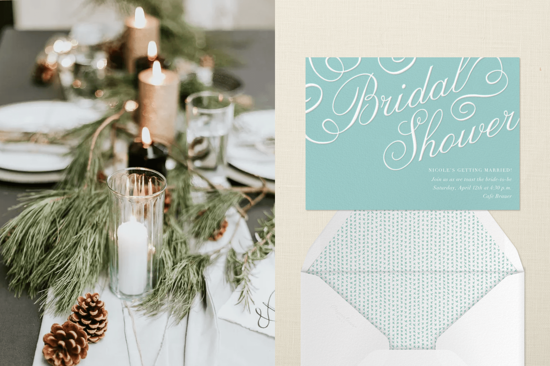 Left: A tablescape with fir tree branches, pinecones, and pillar candles. Right: A robin’s egg blue bridal shower invitation with the words ‘Bridal Shower’ in white script.