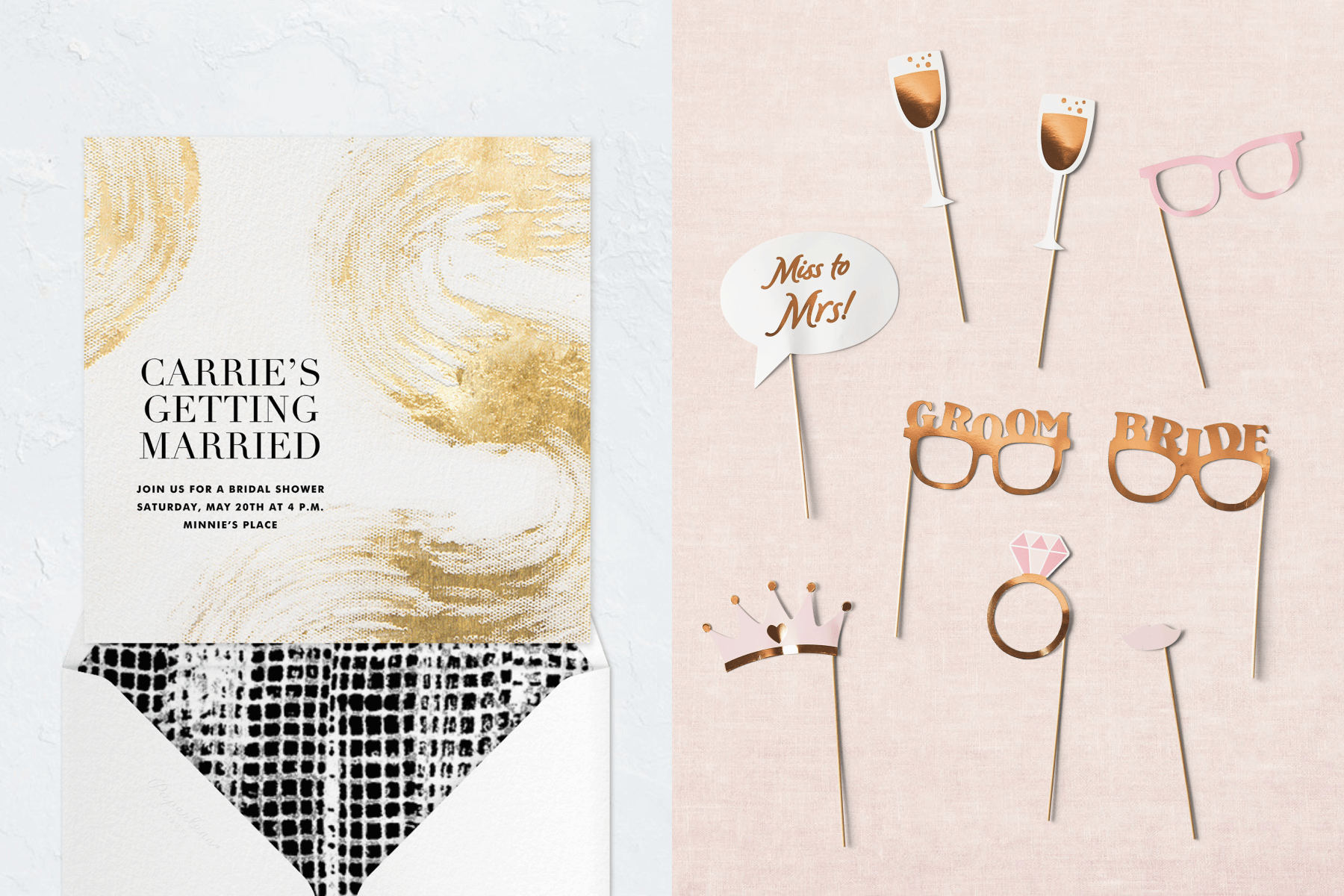 Left: A white bridal shower invitation with gold abstract brushstrokes. Right: Pink and rose gold wedding-themed photo booth props, including eyeglasses, Champagne bottle, diamond ring, and more.