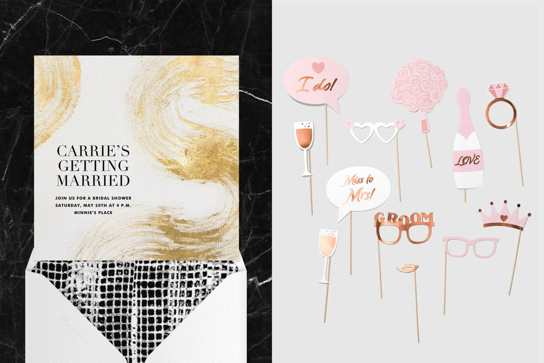 left: A white bridal shower invitation with gold abstract brushstrokes. Right: Pink and rose gold wedding-themed photo booth props, including eyeglasses, Champagne bottle, diamond ring, and more.