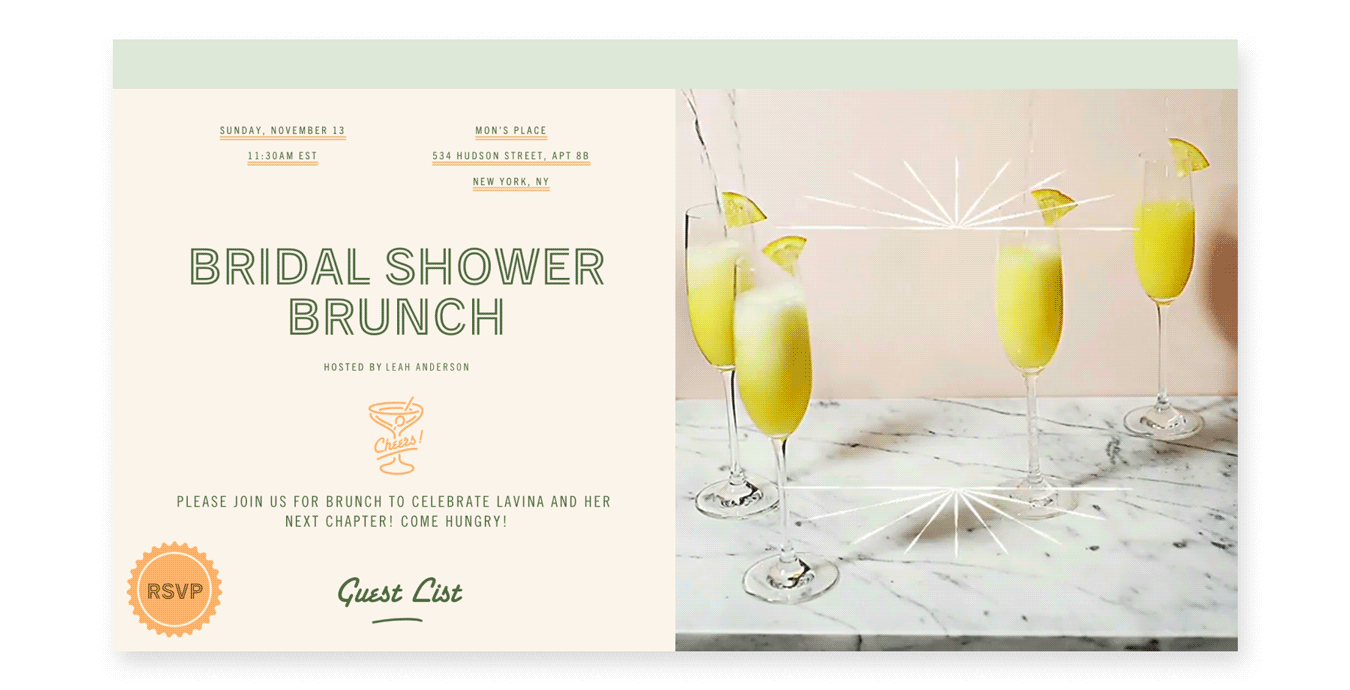 An online bridal shower invite with mimosas and animated text reading “bride brunch bubbly.”