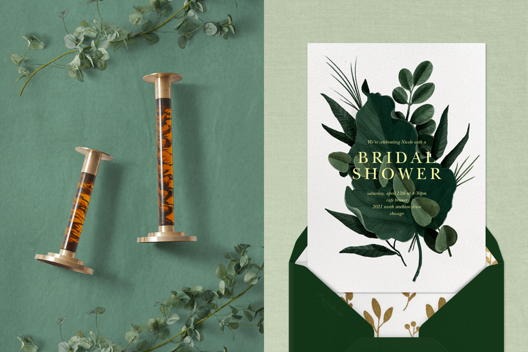 Two tortoiseshell candlesticks on a green background. Right: A bridal shower invitation with a pile of deep green leaves.