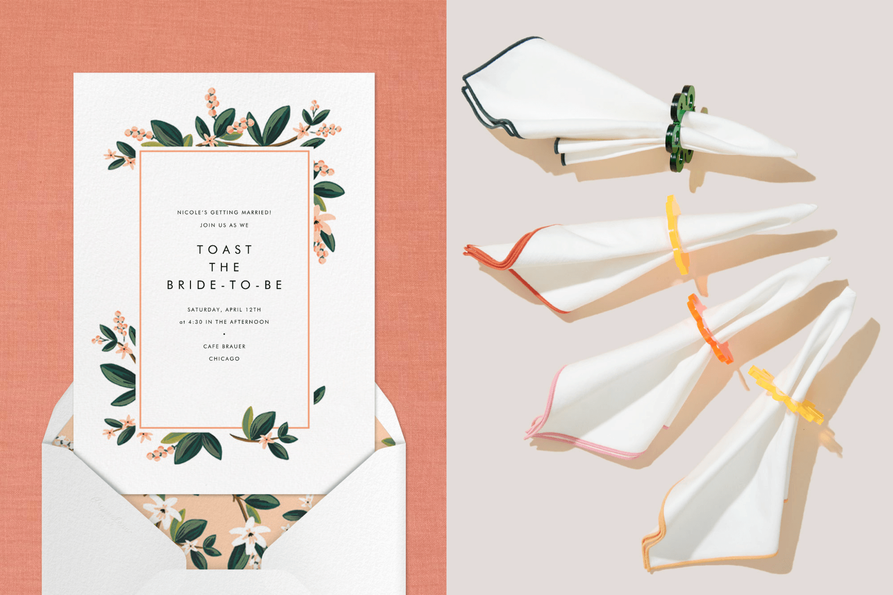 A bridal shower invitation with a pink border and illustrated leaves and pink flowers. Right: Four white cloth napkins with rainbow embroidered edges and colorful acrylic napkin rings.