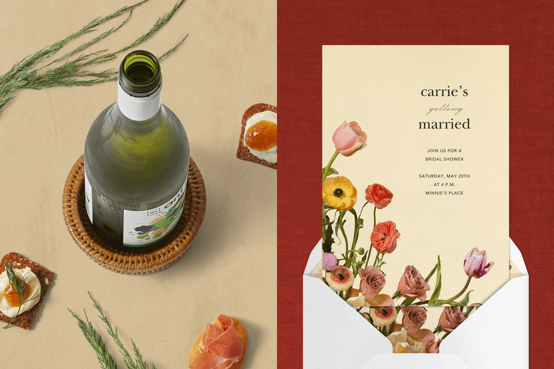 A wine bottle on a woven rattan coaster with small hors d'oeuvres. Right: A bridal shower invitation with photos of tulips, roses, and other flowers growing from the lower left corner.