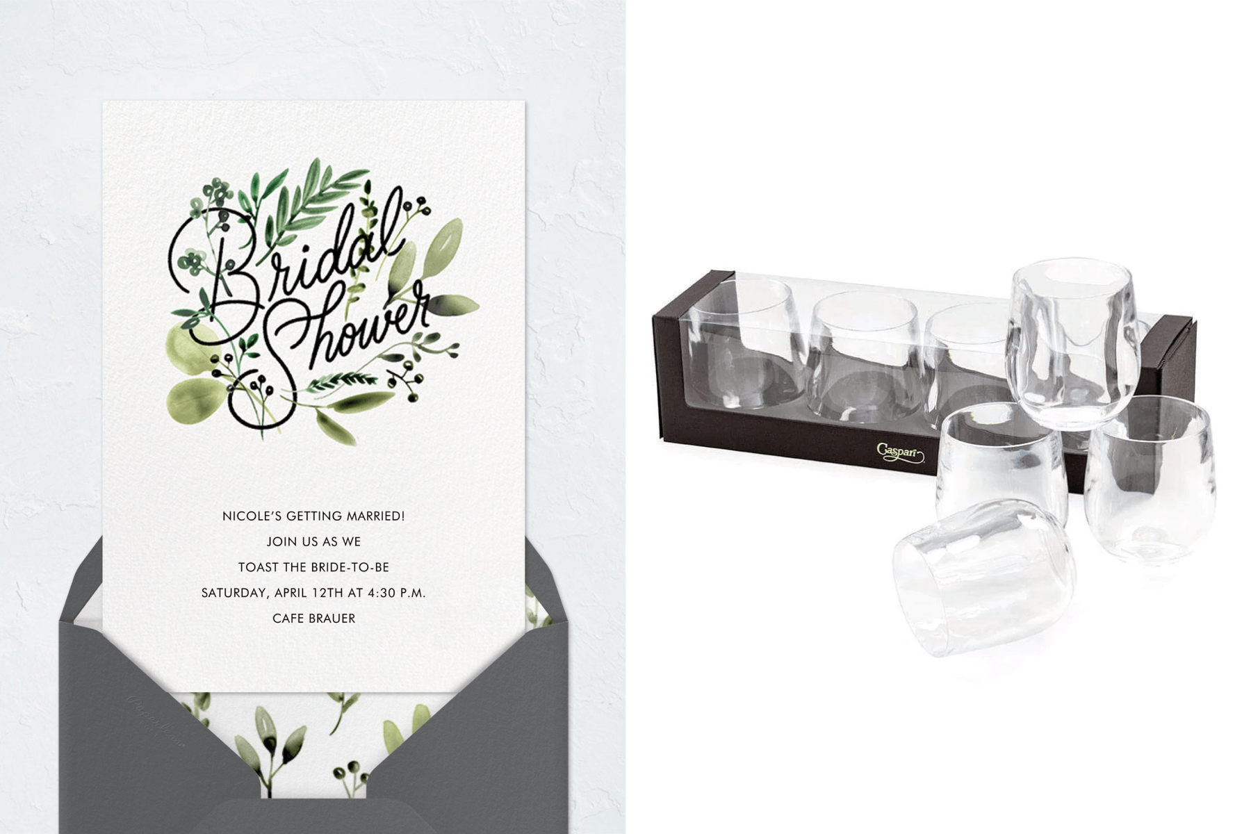 A bridal shower invitation with black oversized script and illustrated leaves and berries. Right: A set of acrylic tumbler glasses, some in a box, some stacked in front.