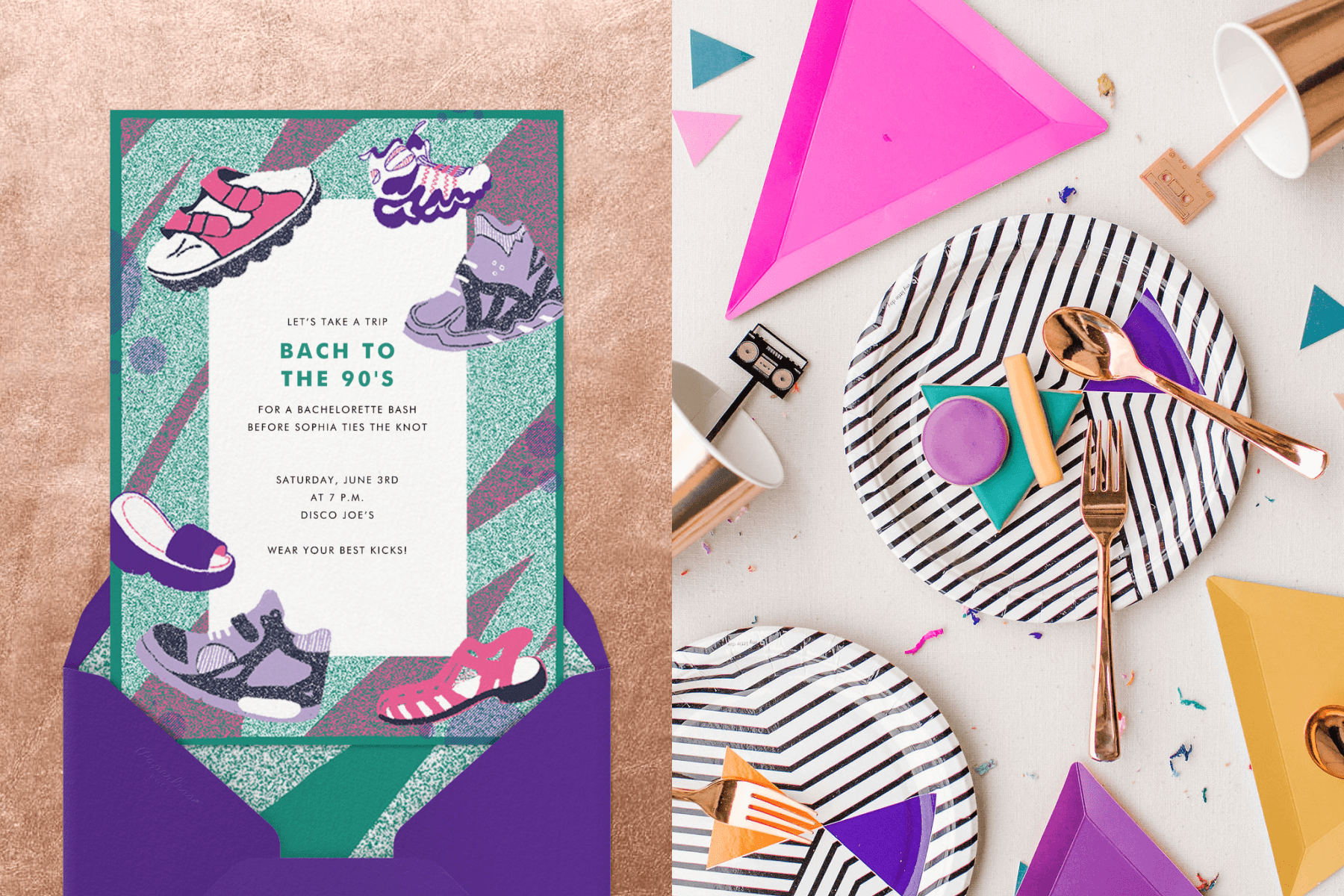 left: A ’90s-themed bachelorette party invitation with illustrations of shoe styles from the 1990s and the phrase “bach to the 90s.” Right: Geometric and striped paper plates and party cups in neon and metallic.