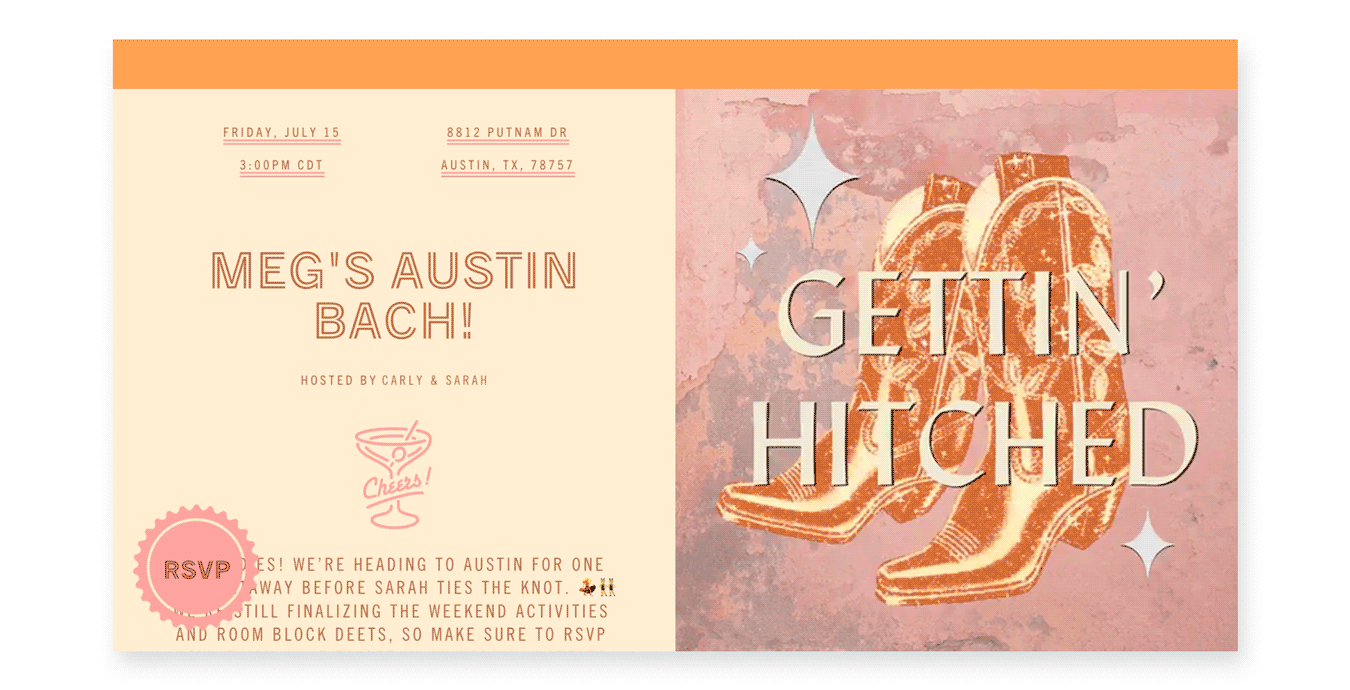 An online bachelorette party invite with a gif of cowgirl boots and the phrase “Gettin’ Hitched.”