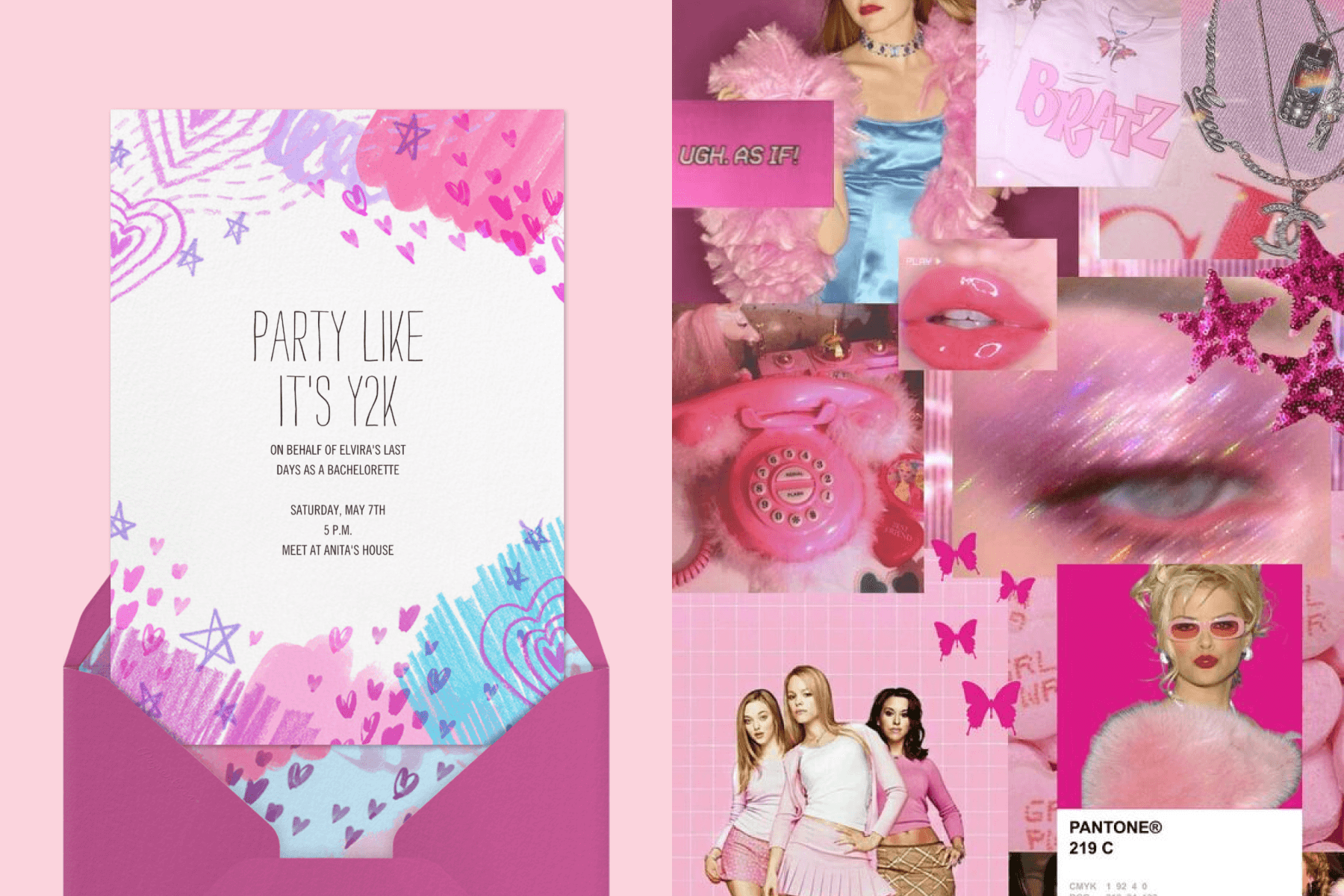 left: A Y2K-themed bachelorette party invite with notebook-style scribbles. Right: A pink collage with pop culture references from the early 2000s, including Bratz logo, the cast of “Mean Girls,” lip gloss, Anna Nicole Smith, and more.