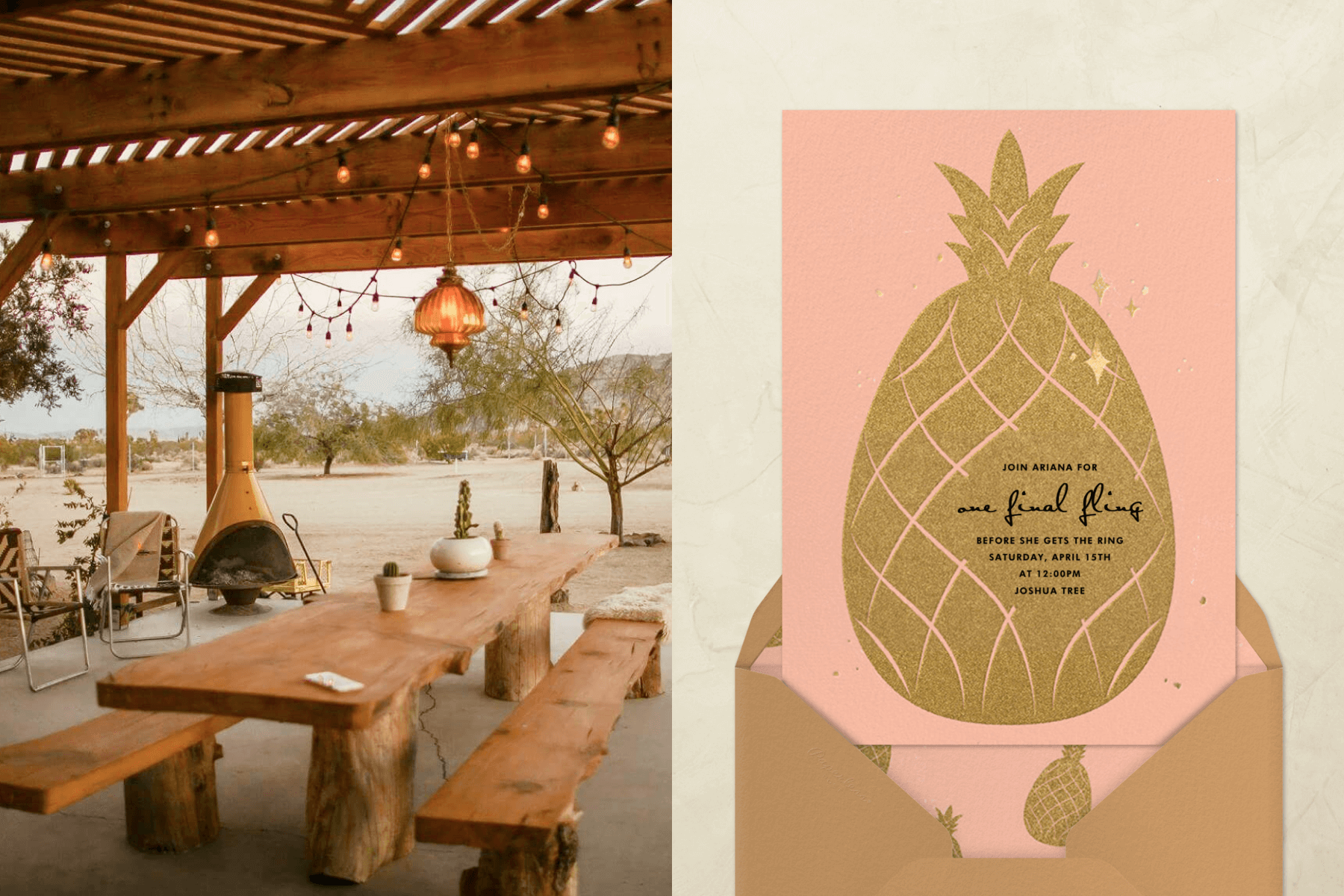 left: A rustic live edge picnic table under a wood pergola with string lights in a desert setting. Right: A bachelorette party invitation with a golden pineapple and pink background.