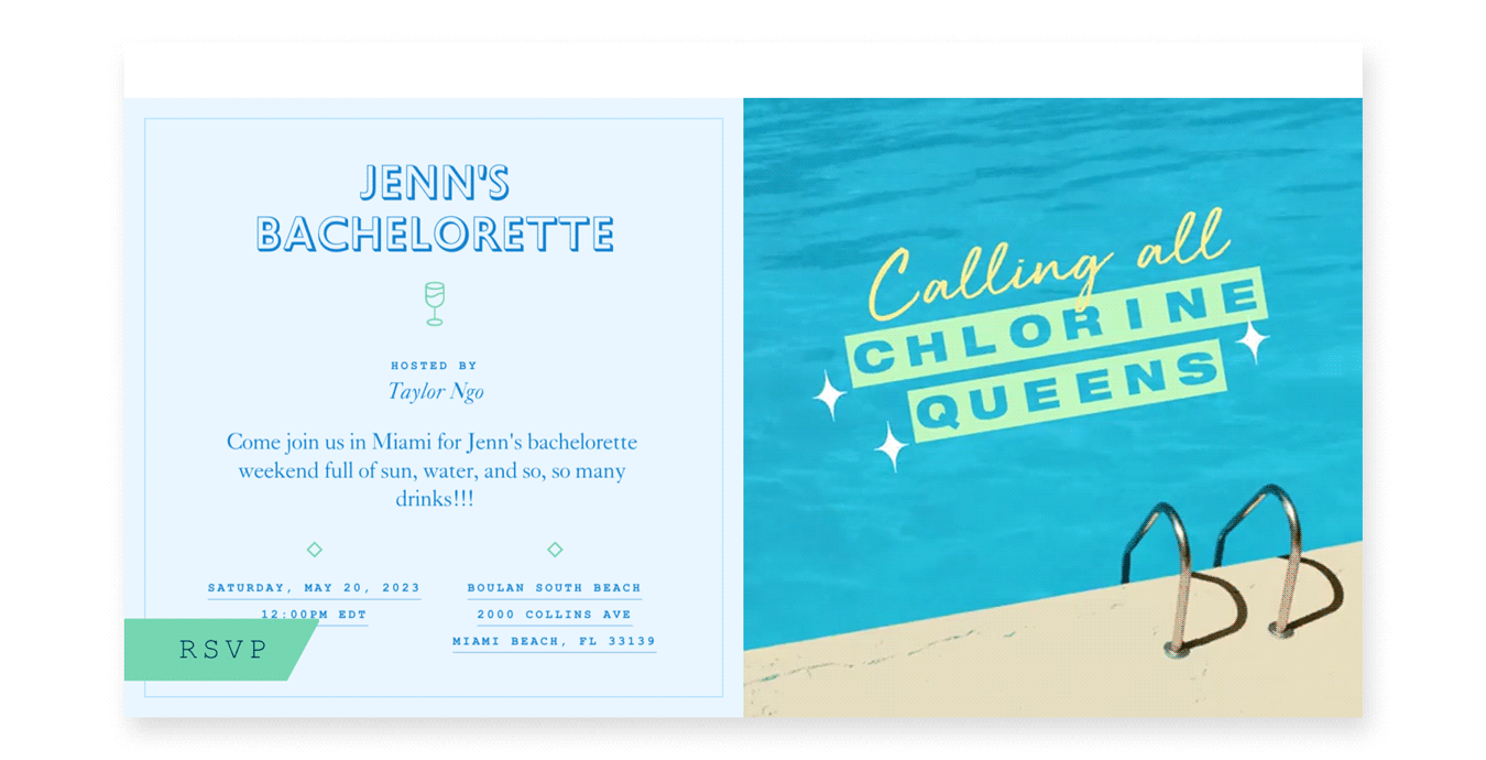 An online bachelorette party invitation with a ladder leading into a pool and the phrase “Calling all chlorine queens.”
