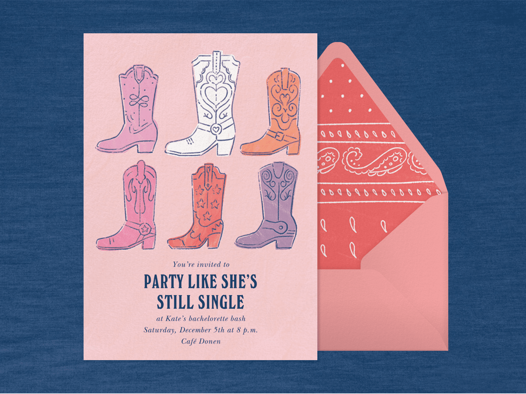 A pink bachelorette invitation with illustrations of six cowgirl boots in various colors.