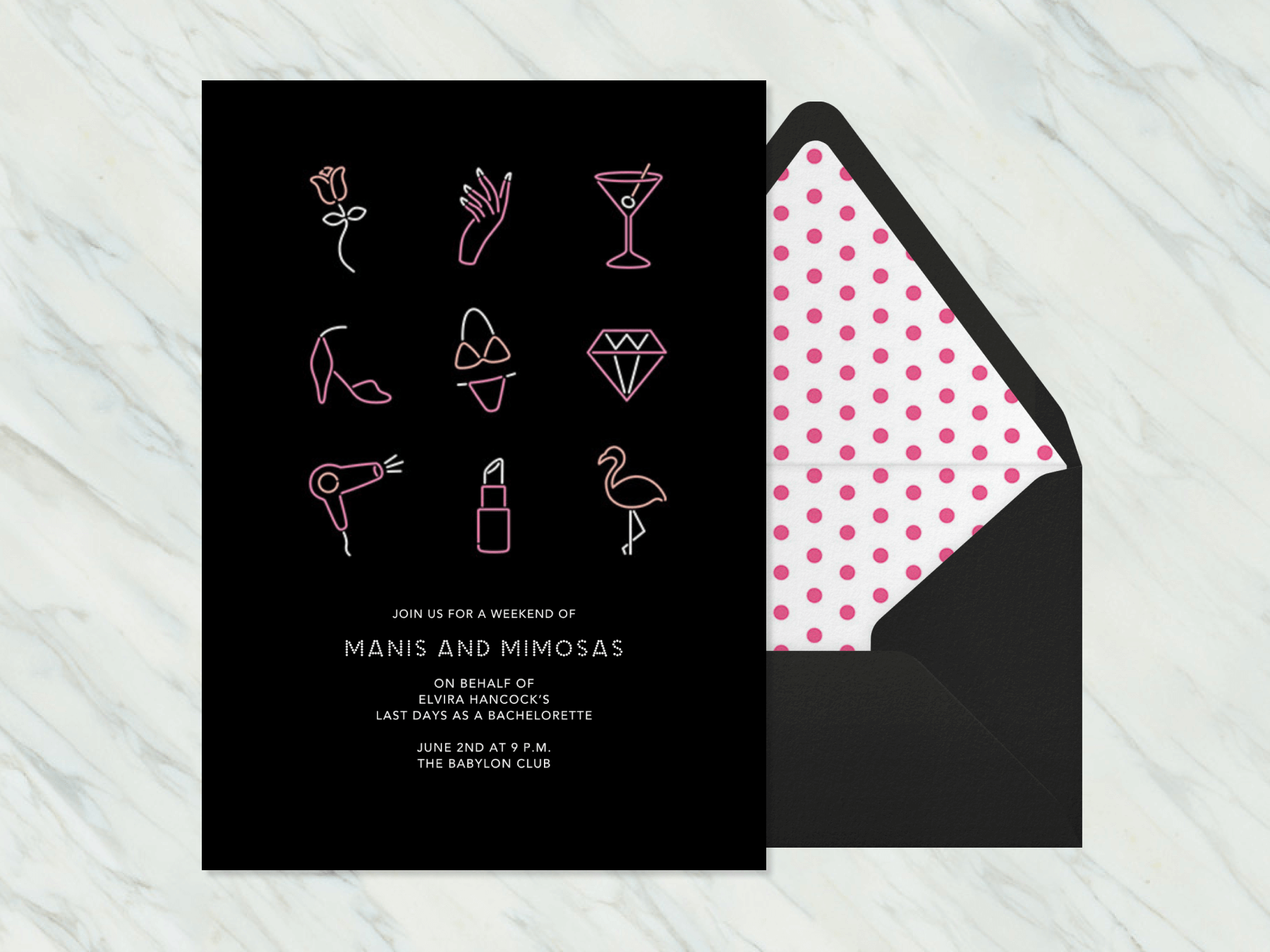 A black bachelorette party invitation with neon light-style illustrations of a bikini, hair dryer, diamond, martini, flamingo, etc.