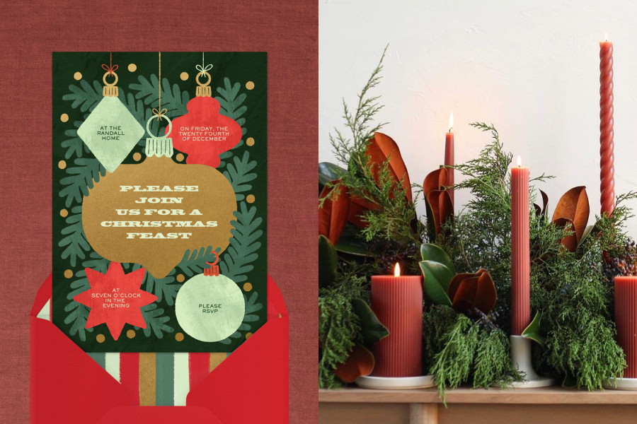 A Christmas invitation with illustrated ornaments in front of pine boughs. Right: Red candles in different shapes are surrounded by pine boughs.