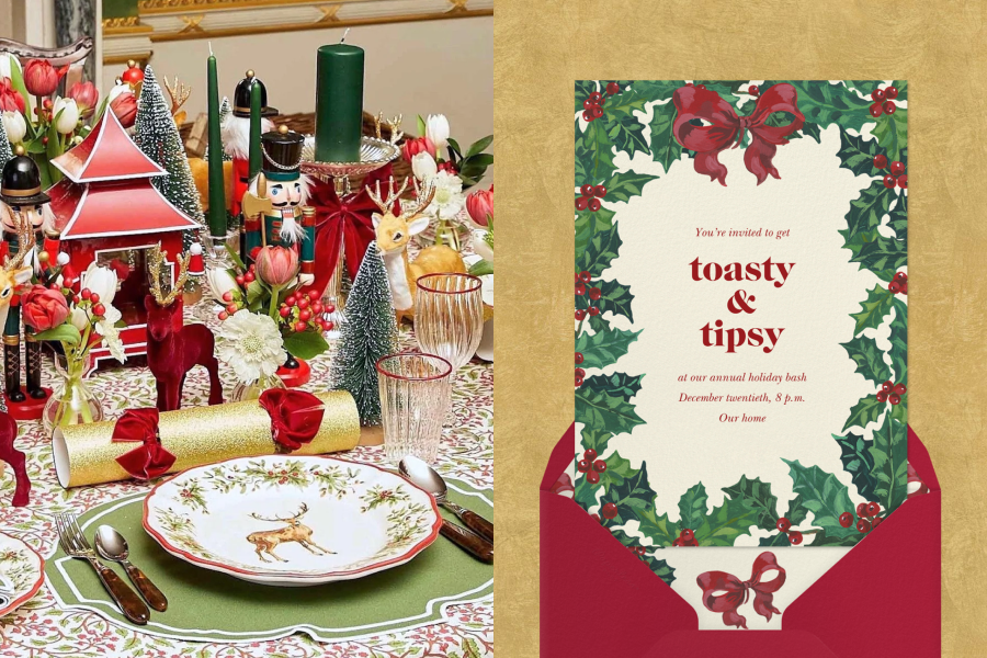 A maximalist Christmas table setting with various decorations like trees, deer, nutcracker dolls, party crackers, and candles. Right: A holiday party invitation with a border of holly leaves and berries and a red bow on top.