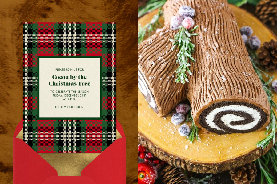 A red and green plaid Christmas party invitation. Right: A yule log-style dessert on a wooden serving tray.