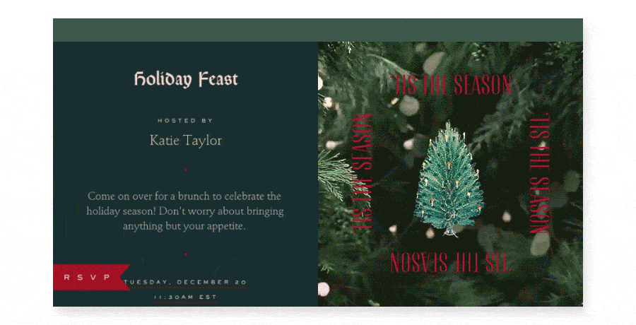 An online invite with evergreen boughs and a small Christmas tree with the words “’Tis the season.”