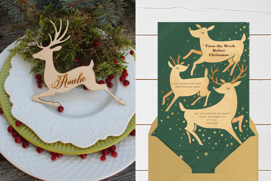 A place setting with a wooden deer-shaped place card that reads “Amelie” with sprigs of evergreen and red berries on the plates. Right: A Christmas party invitation with three gold deer on a green background.