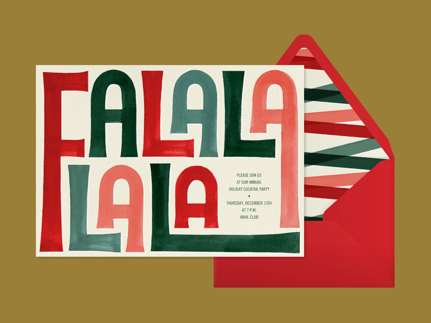 A holiday party with the word “FALALALALA” written large in red and green.