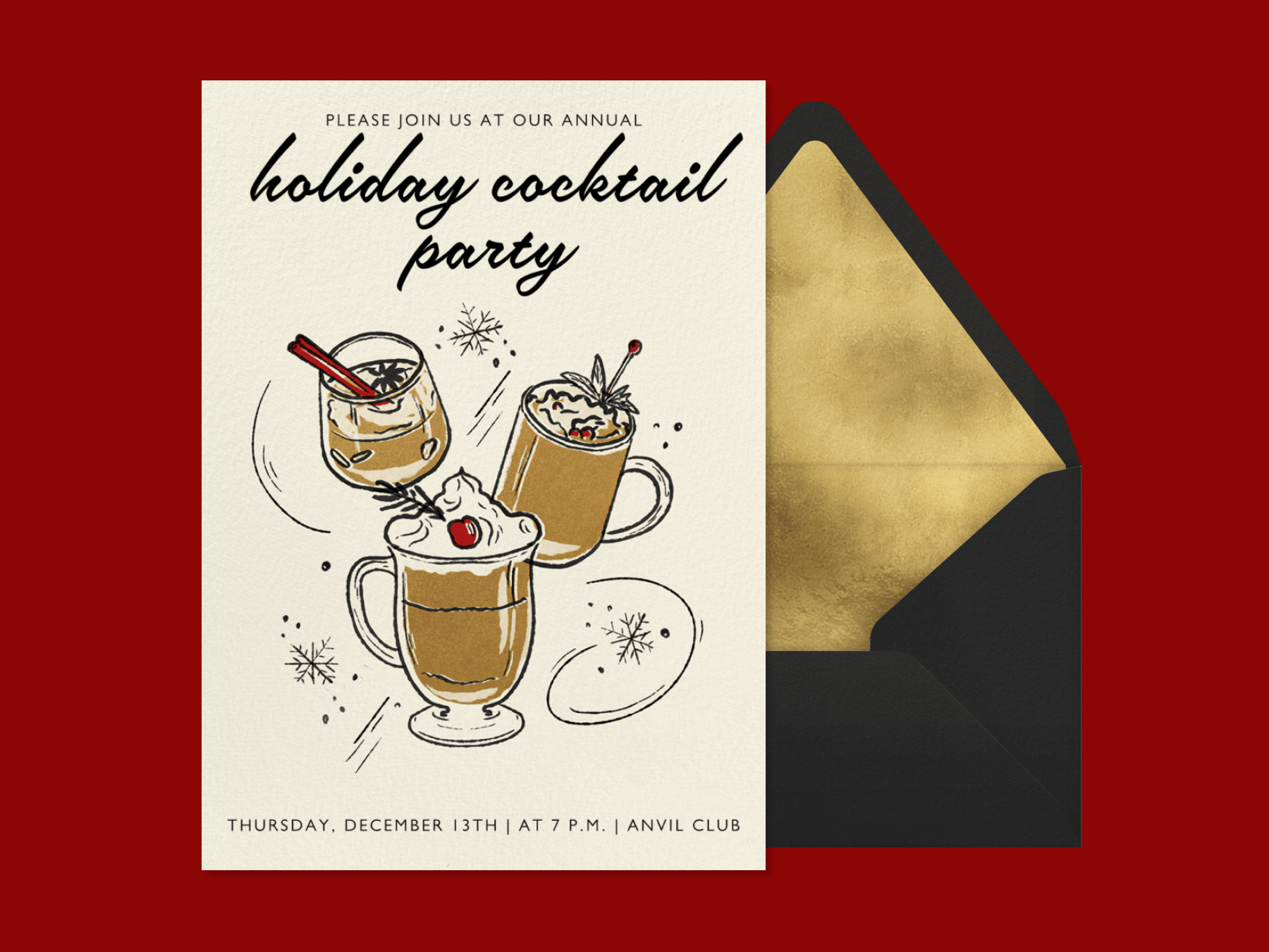 A holiday cocktail party invitation with three hot drinks.