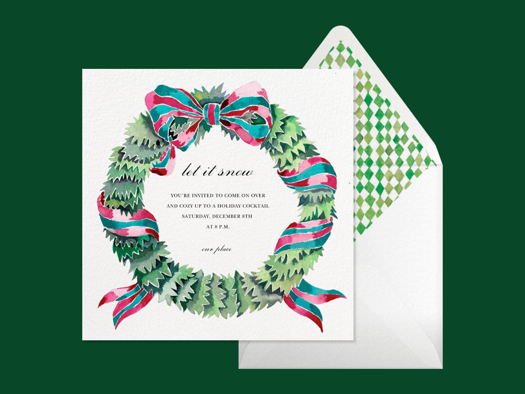 A holiday party invitation with a wreath around the text.