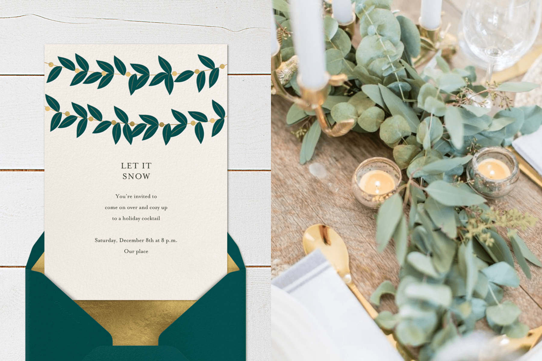 Left: A cream holiday party invitation with an illustration of a green garland; right: Close up photograph of a table setting with a eucalyptus garland.