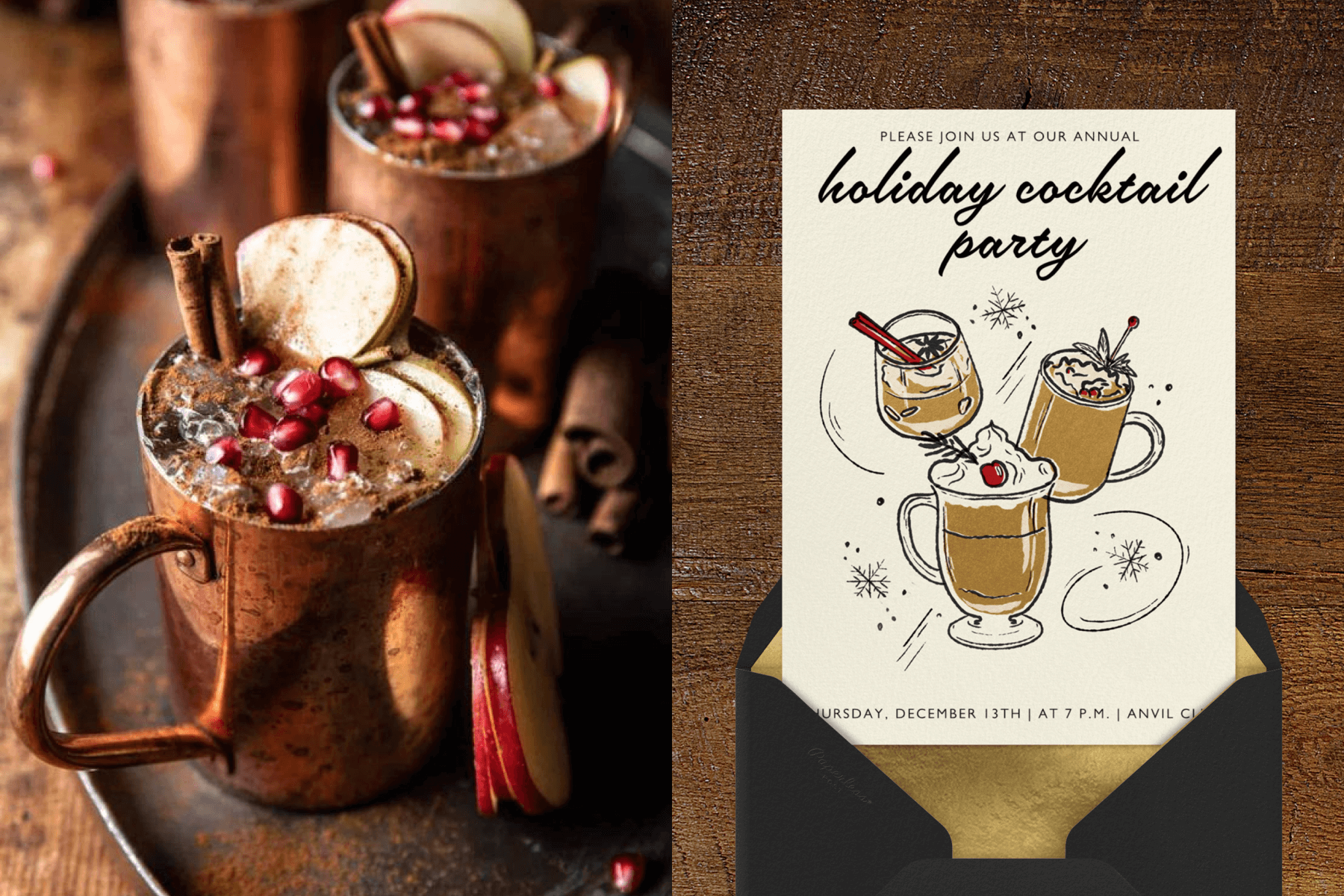 Left: A photograph of a tray of holiday mules in copper mugs; right: a cream holiday party invitation featuring gold illustrations of holiday cocktails.