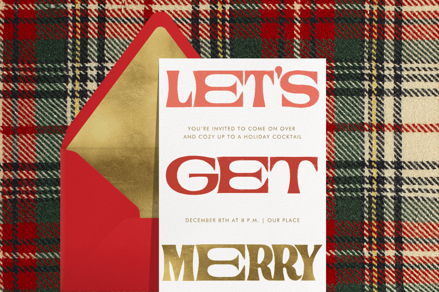 A white holiday party invitation with graphic text that reads “let’s get merry” paired with a red envelope on a plaid background.