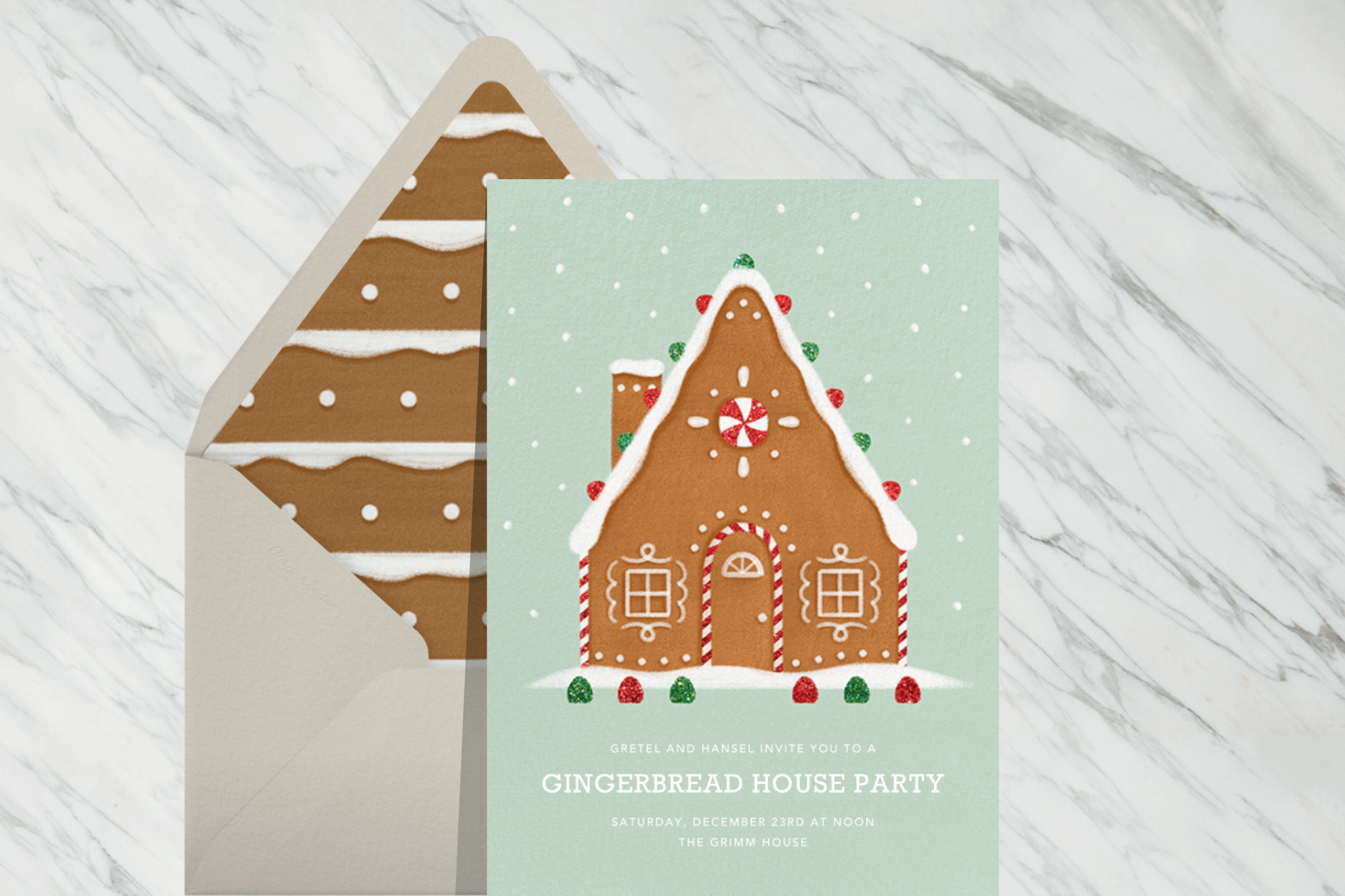 A mint gingerbread house party invitation featuring an illustration of a gingerbread house with a peppermint window and door.