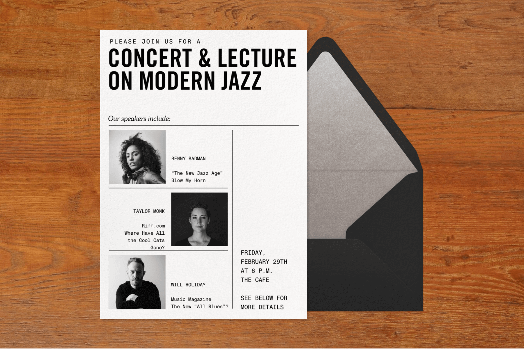 A white invitation featuring black text that reads ‘CONCERT & LECTURE ON MODERN JAZZ’ and photos of featured speakers paired with a black envelope and silver envelope liner on a wood background.