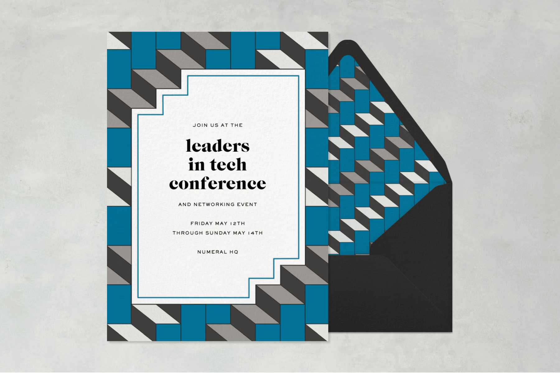 An invitation featuring a blue, gray, and black geometric pattern and text that reads ‘leader in tech conference’ paired with a black envelope and matching geometric envelope liner on a silver background.