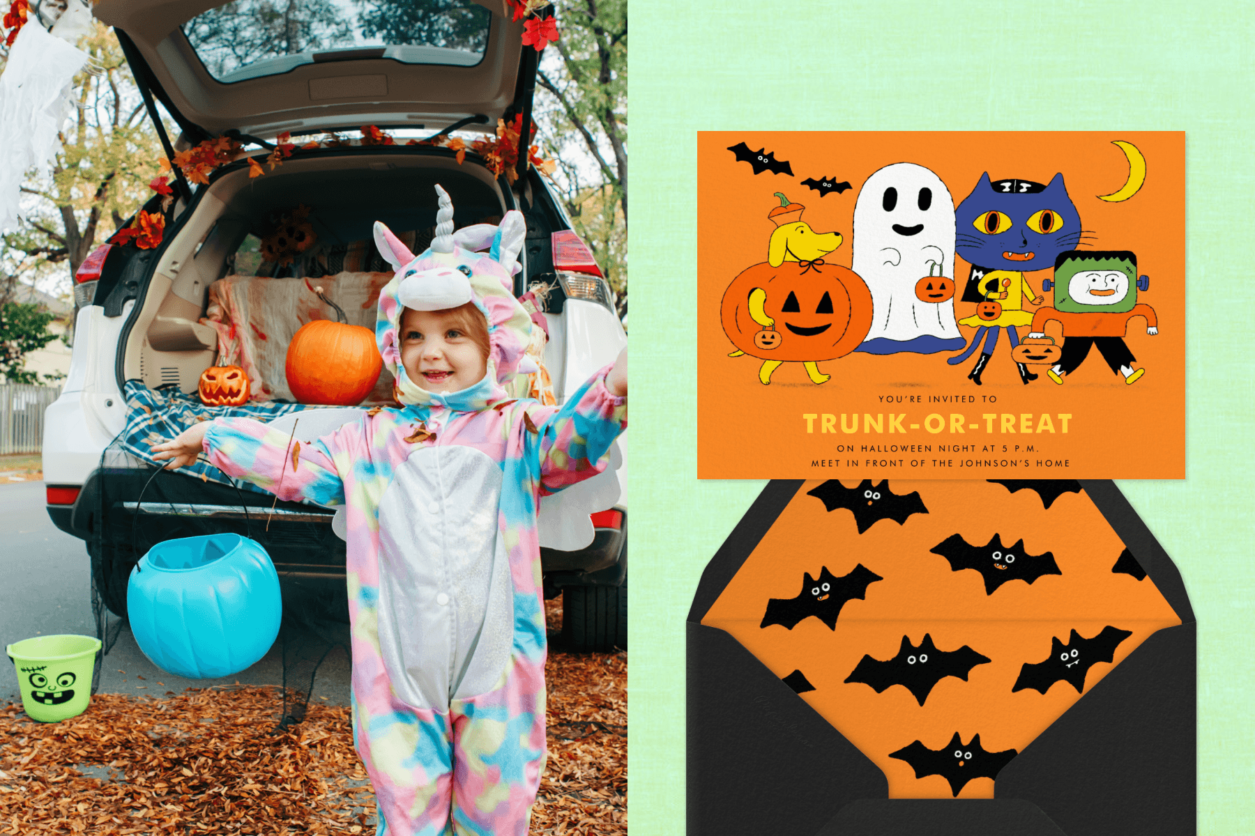 LEFT: A child in a pastel rainbow unicorn costume holds out a blue pumpkin bucket in front of a car trunk decorated with pumpkins and fall leaves. RIGHT: An orange Halloween invitation with illustrations of a dog in a pumpkin costume, a ghost, a cat, and a monster carrying jack-o'-lantern buckets, with text reading TRUNK-OR-TREAT, sits atop a black envelope with an orange bat-print liner against a mint green backdrop.