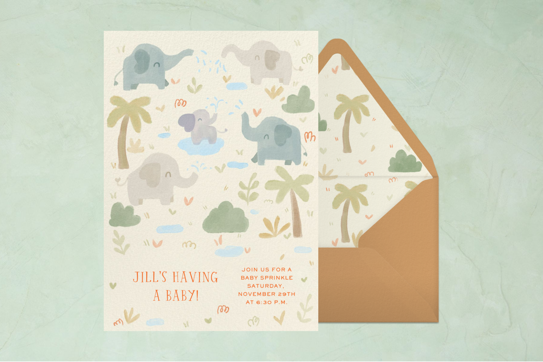 baby shower invitation with elephants playing in water with an orange-brown envelope